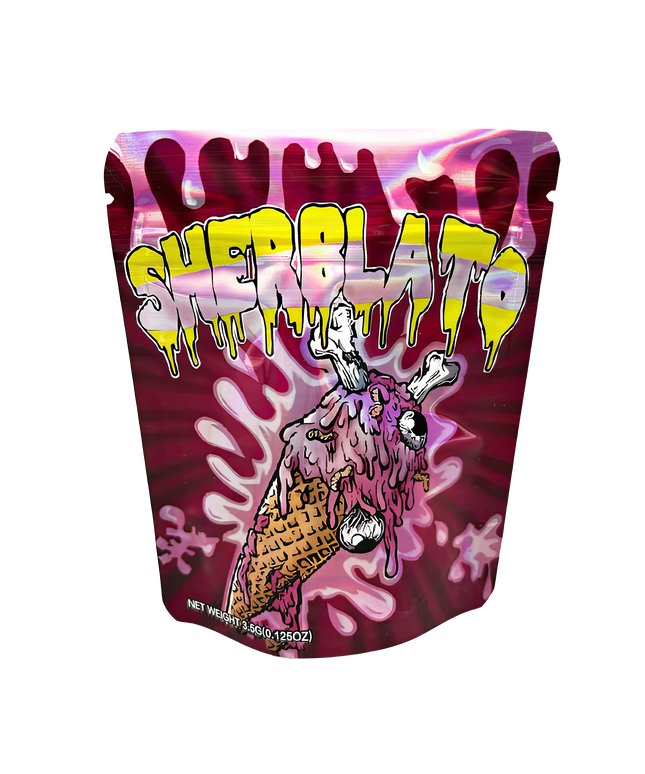 3.5G Mylar Bags, herb Mylar Bags, Where to buy mylar bags, Custom mylar bags near me, Mylar Bags Wholesale. Colorful packaging with 'Sherlato' branding and ice cream cone illustration on a white background