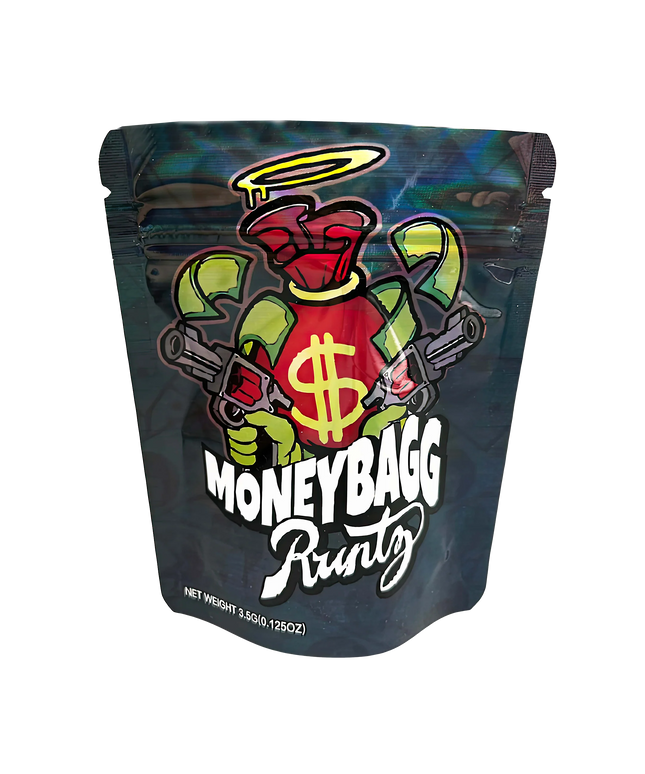 3.5G Mylar Bags, herb Mylar Bags, Where to buy mylar bags, Custom mylar bags near me, Mylar Bags Wholesale. Drug packaging with colorful design and 'MoneyBagg Runtz' branding on a white background