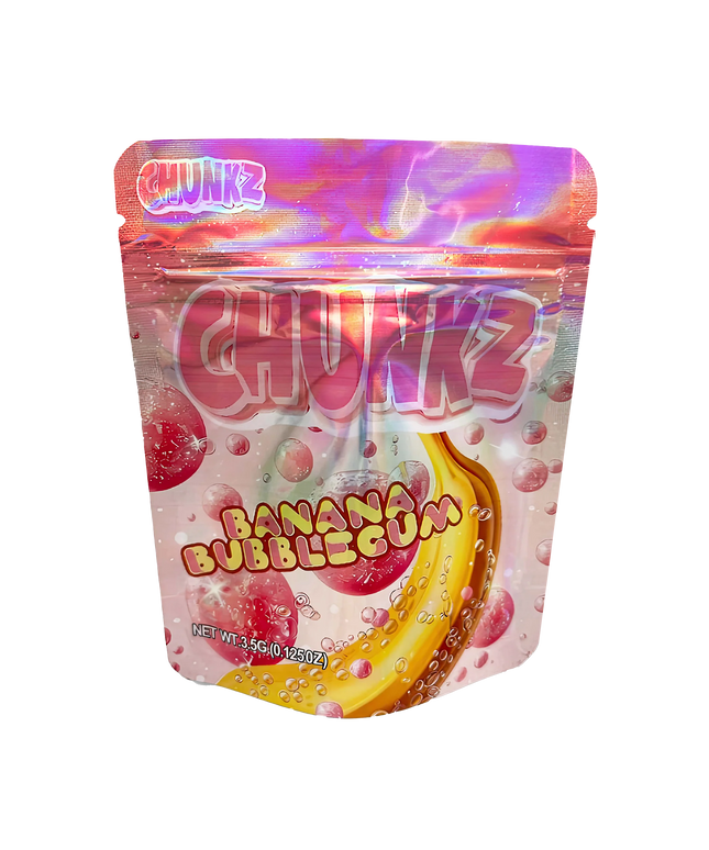 3.5G Mylar Bags, herb Mylar Bags, Where to buy mylar bags, Custom mylar bags near me, Mylar Bags Wholesale. Packaged candy labeled 'Chunkz Banana Bubblegum' on a white background