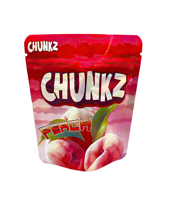 3.5G Mylar Bags, herb Mylar Bags, Where to buy mylar bags, Custom mylar bags near me, Mylar Bags Wholesale. Packaged snack with 'Chunkz' branding and peach flavor on a white background