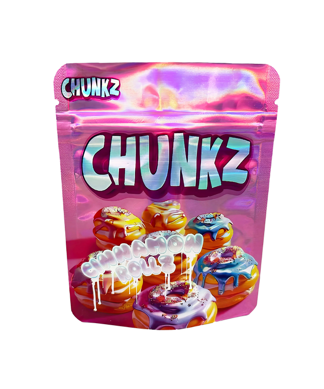 3.5G Mylar Bags, herb Mylar Bags, Where to buy mylar bags, Custom mylar bags near me, Mylar Bags Wholesale. Packaging of Chunkz candy with colorful donut-shaped candies on a white background