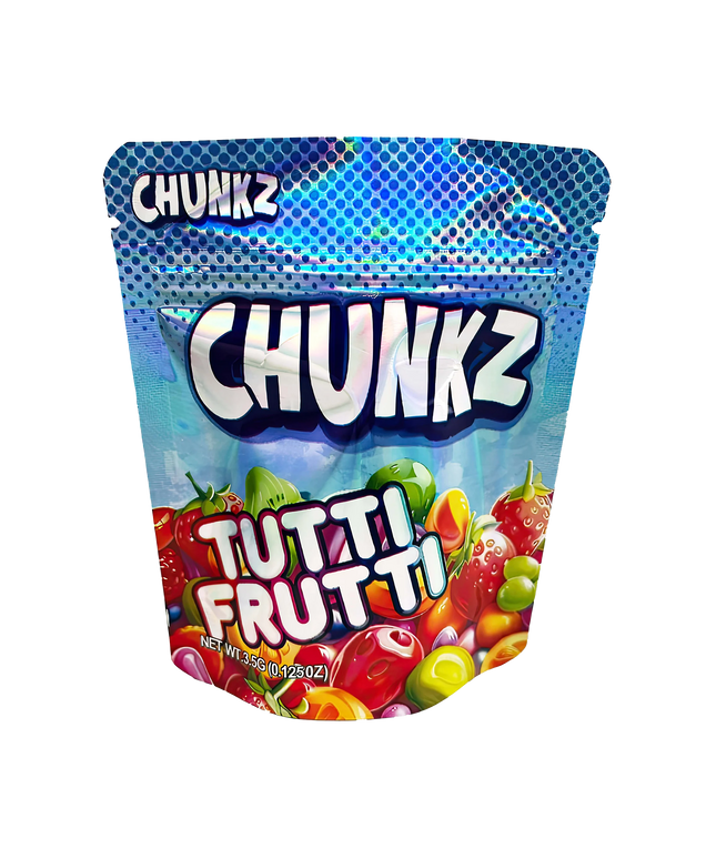 3.5G Mylar Bags, herb Mylar Bags, Where to buy mylar bags, Custom mylar bags near me, Mylar Bags Wholesale. Packaging of Chunkz Tutti Frutti candy on a white background