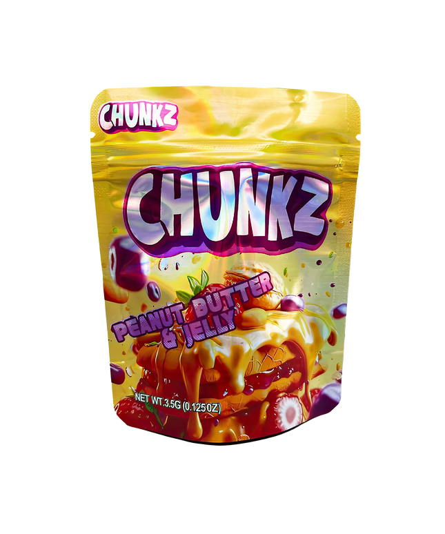 3.5G Mylar Bags, herb Mylar Bags, Where to buy mylar bags, Custom mylar bags near me, Mylar Bags Wholesale. Packaging of Chunkz Peanut Butter & Jelly snack on a white background