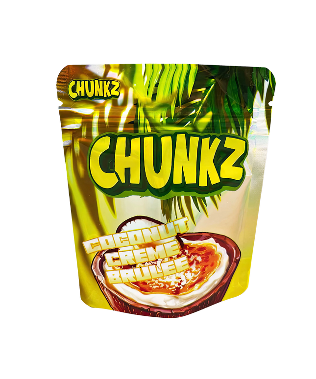 3.5G Mylar Bags, herb Mylar Bags, Where to buy mylar bags, Custom mylar bags near me, Mylar Bags Wholesale. Packaging of Chunkz Coconut Creme Brulee flavor with tropical leaf design