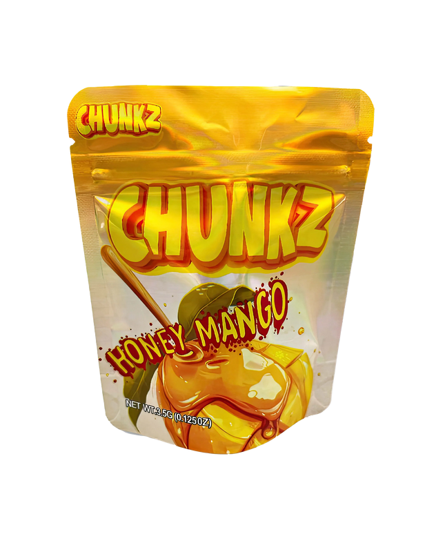 3.5G Mylar Bags, herb Mylar Bags, Where to buy mylar bags, Custom mylar bags near me, Mylar Bags Wholesale. Packaged snack labeled 'Chunkz Honey Mango' on a white background