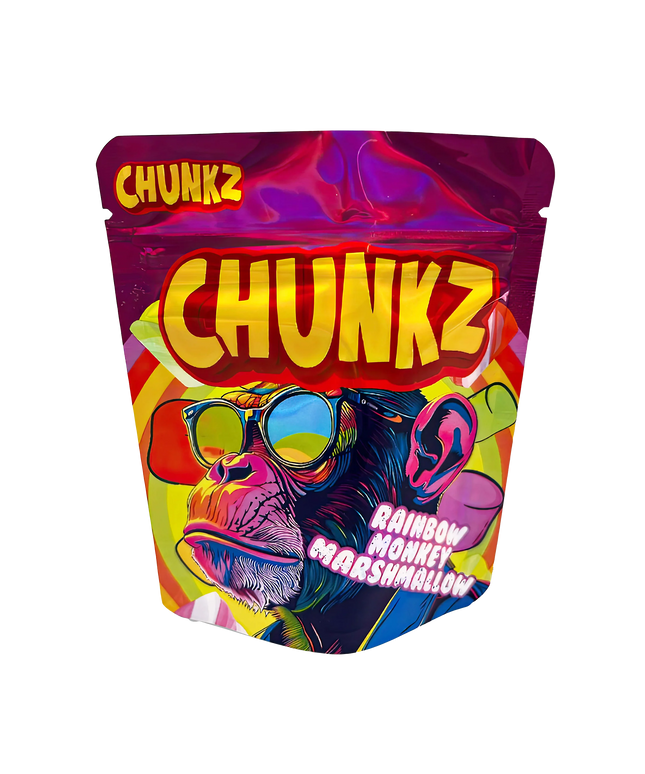 3.5G Mylar Bags, herb Mylar Bags, Where to buy mylar bags, Custom mylar bags near me, Mylar Bags Wholesale. Colorful packaging of Chunkz Rainbow Monkey Marshmallow on a white background