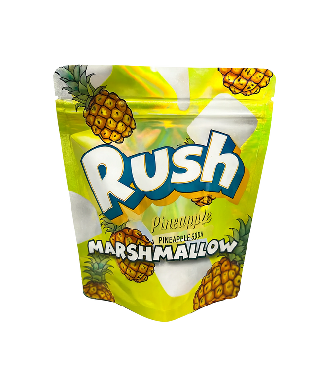 Mylar Bags Packaged marshmallows with 'Rush' branding and pineapple graphics on a white background
