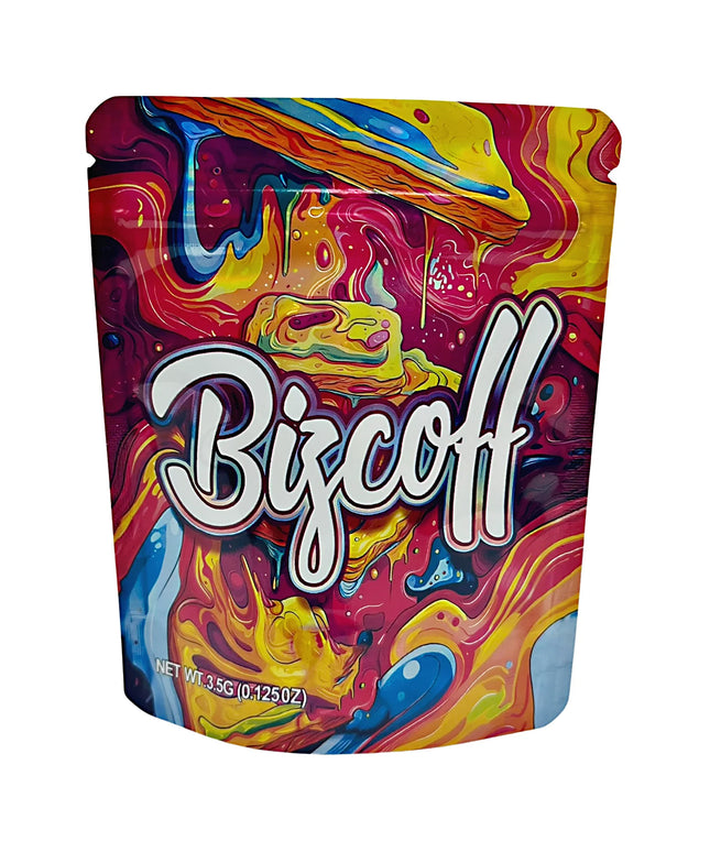 3.5G Mylar Bags, herb Mylar Bags, Where to buy mylar bags, Custom mylar bags near me, Mylar Bags Wholesale. Colorful Biscoff cookie spread packaging with abstract design