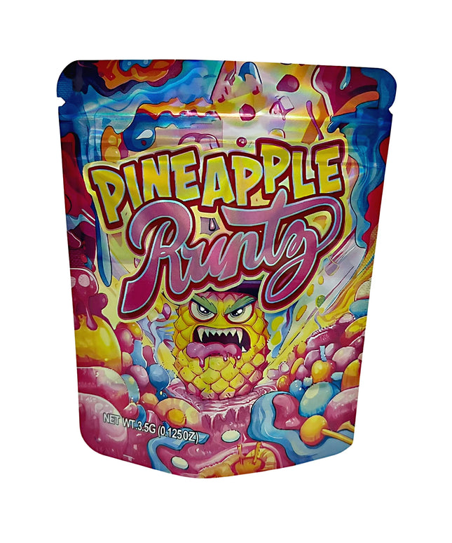 3.5G Mylar Bags, herb Mylar Bags, Where to buy mylar bags, Custom mylar bags near me, Mylar Bags Wholesale. Colorful packaging of Pineapple Runtz candy with a cartoon pineapple character on a white background.
