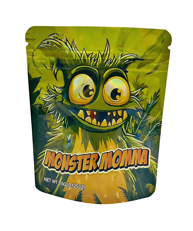 3.5G Mylar Bags, herb Mylar Bags, Where to buy mylar bags, Custom mylar bags near me, Mylar Bags Wholesale. Green packaging with a cartoon monster face and 'Monster Momma' text on a white background