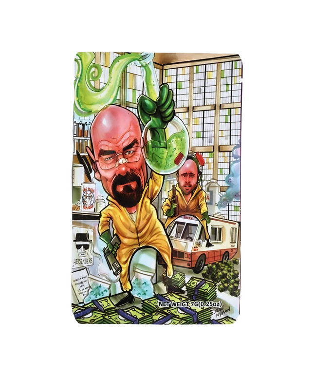 50 Pack 7g Mylar Bags - Bald Character Graphic Design