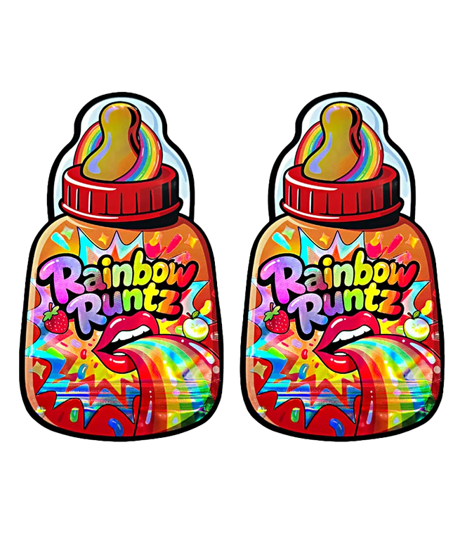 Baby Bottle Mylar bag 3.5g, herb Mylar Bags, Where to buy mylar bags, Custom mylar bags near me, Mylar Bags Wholesale. Two colorful bottles of Rainbow Runtz on a white background