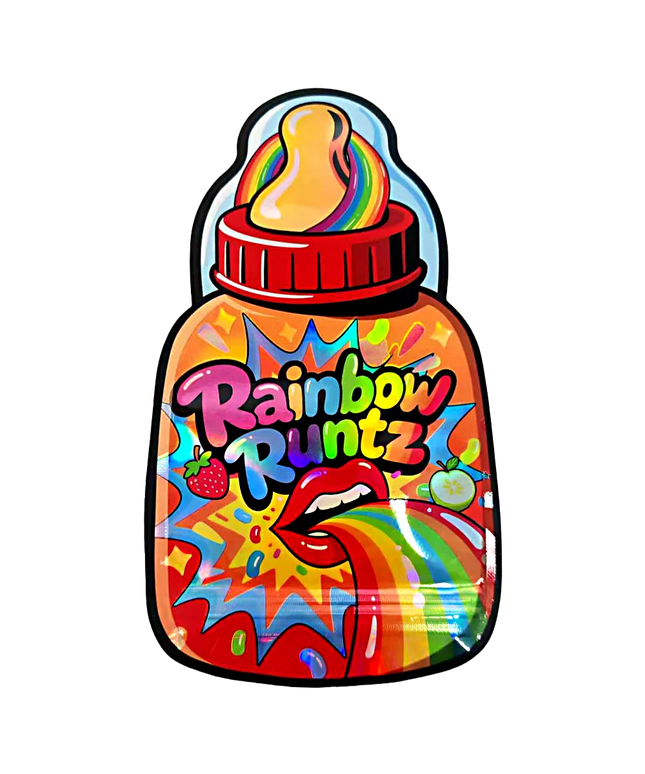 Baby Bottle Mylar bag 3.5g, herb Mylar Bags, Where to buy mylar bags, Custom mylar bags near me, Mylar Bags Wholesale. Colorful bottle-shaped container with 'Rainbow Runtz' text on a white background