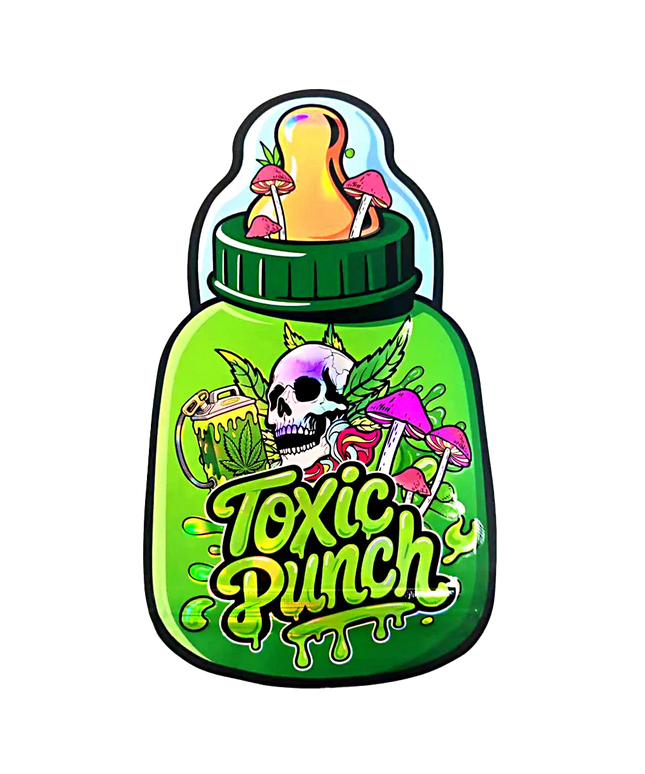 Baby Bottle Mylar bag 3.5g, herb Mylar Bags, Where to buy mylar bags, Custom mylar bags near me, Mylar Bags Wholesale. 3.5g Designer Toxic Punch Shaped Mylar Bag 