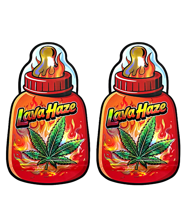 Baby Bottle Mylar bag 3.5g, herb Mylar Bags, Where to buy mylar bags, Custom mylar bags near me, Mylar Bags Wholesale. Two 'Lava Haze' vape juice bottles with flames and a herb leaf on a white background.