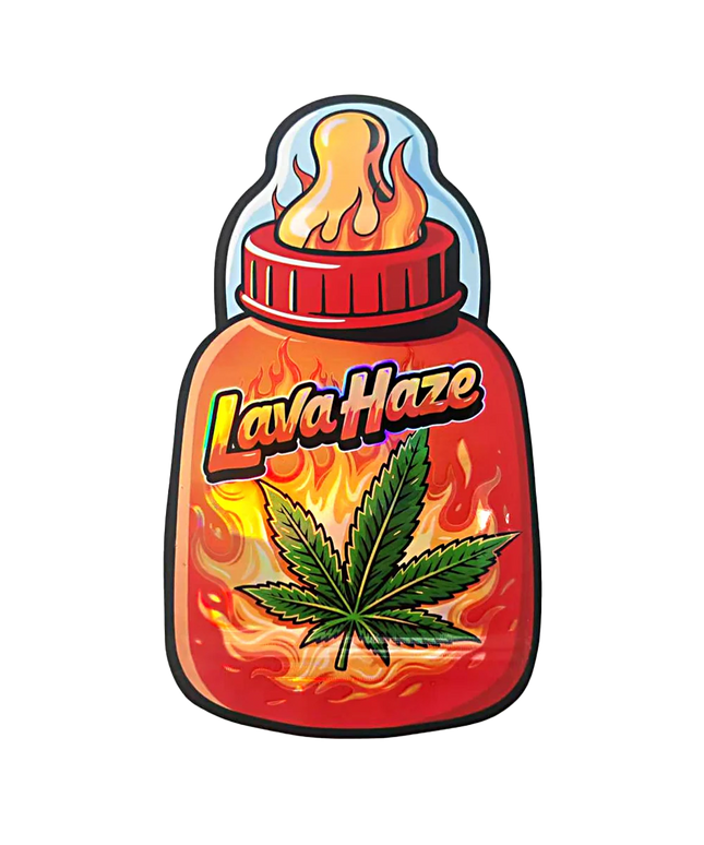 Baby Bottle Mylar bag 3.5g, herb Mylar Bags, Where to buy mylar bags, Custom mylar bags near me, Mylar Bags Wholesale. Lava Haze product packaging with flames and a herb leaf on a white background