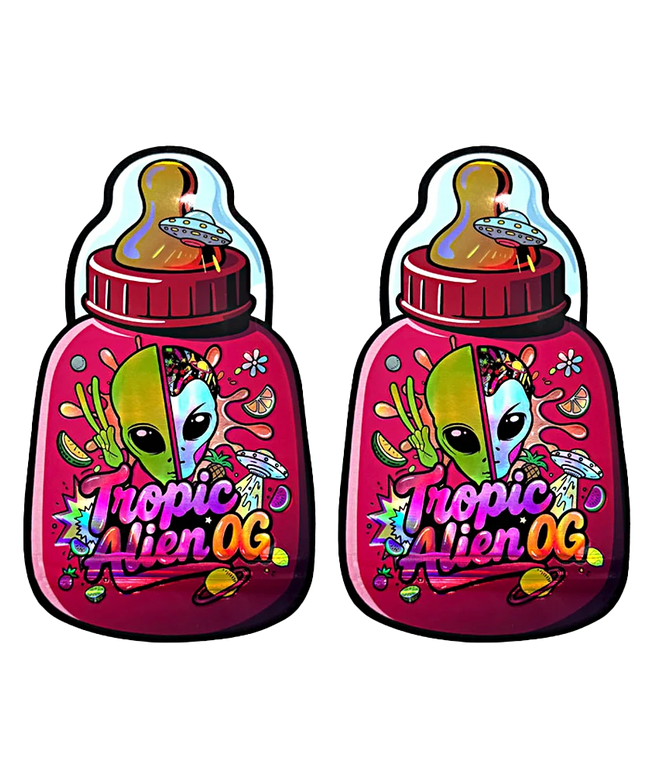 Baby Bottle Mylar bag 3.5g, herb Mylar Bags, Where to buy mylar bags, Custom mylar bags near me, Mylar Bags Wholesale. Two colorful 'Tropic Alien OG' bottle-shaped containers on a white background