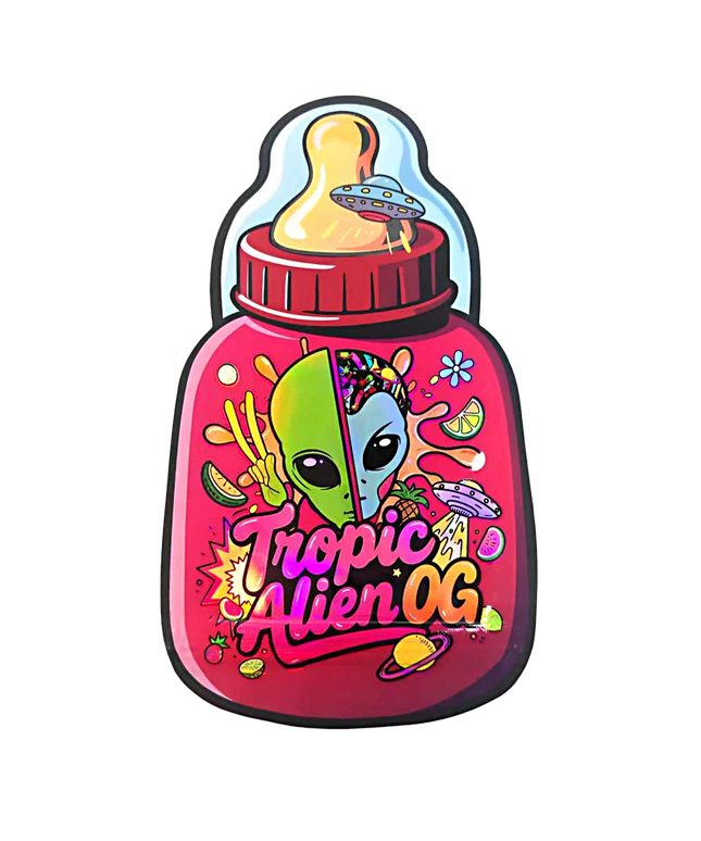 Baby Bottle Mylar bag 3.5g, herb Mylar Bags, Where to buy mylar bags, Custom mylar bags near me, Mylar Bags Wholesale. Colorful bottle-shaped container with alien design and 'Tropic Alien OG' text on a white background