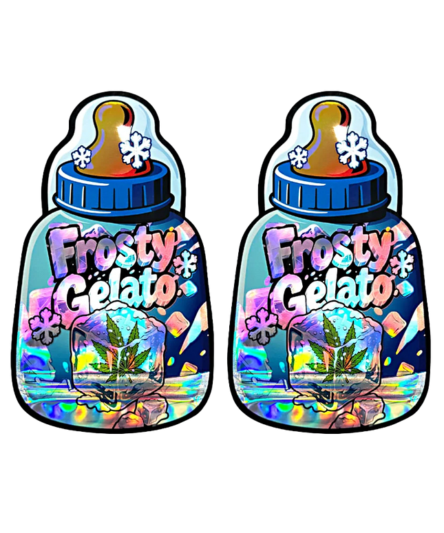 Baby Bottle Mylar bag 3.5g, herb Mylar Bags, Where to buy mylar bags, Custom mylar bags near me, Mylar Bags Wholesale. Two holographic stickers of a baby bottle labeled 'Frosty Gelato' with a herb leaf design.