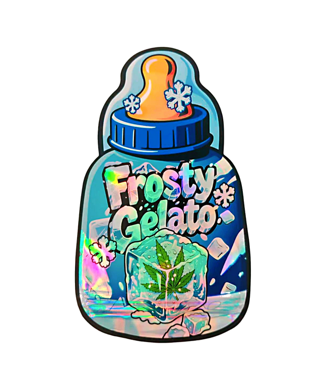 Baby Bottle Mylar bag 3.5g, herb Mylar Bags, Where to buy mylar bags, Custom mylar bags near me, Mylar Bags Wholesale. Frosty Gelato ice cream container with a blue lid and colorful design on a white background