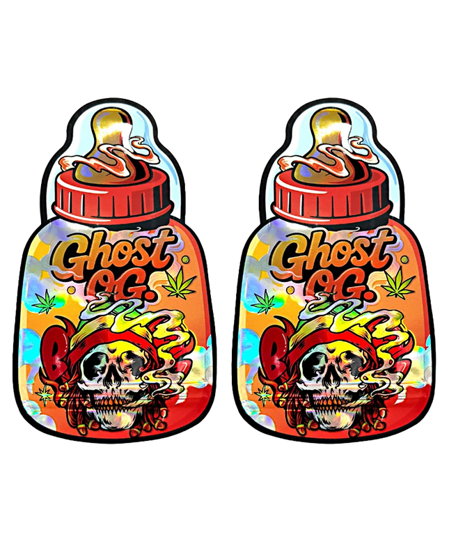 Baby Bottle Mylar bag 3.5g, herb Mylar Bags, Where to buy mylar bags, Custom mylar bags near me, Mylar Bags Wholesale. Two colorful 'Ghost OG' vape juice bottles with a skull design on a white background.
