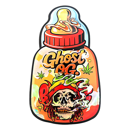 Baby Bottle Mylar bag 3.5g, herb Mylar Bags, Where to buy mylar bags, Custom mylar bags near me, Mylar Bags Wholesale. Colorful bottle-shaped logo with 'Ghost OG' text and skull design on a white background
