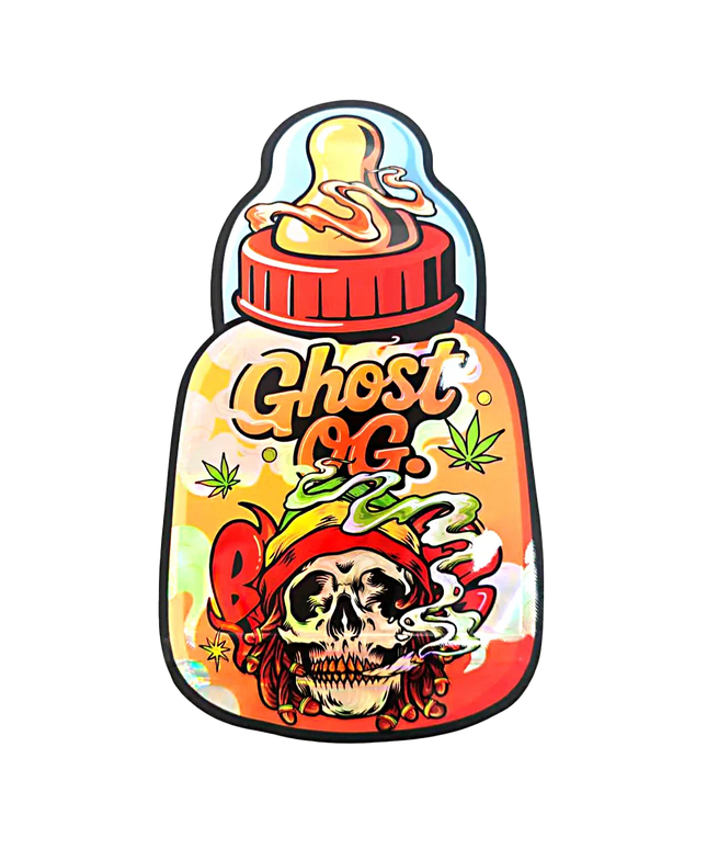 Baby Bottle Mylar bag 3.5g, herb Mylar Bags, Where to buy mylar bags, Custom mylar bags near me, Mylar Bags Wholesale. Colorful bottle-shaped logo with 'Ghost OG' text and skull design on a white background
