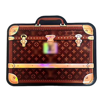 Suitcase Mylar bag 3.5g, herb Mylar Bags, Where to buy mylar bags, Custom mylar bags near me, Mylar Bags Wholesale. Brown suitcase with gold accents and a visible brand logo on a white background