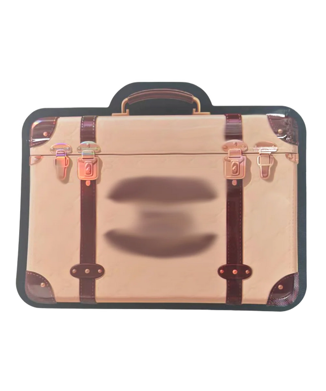 Mylar Bags  Beige suitcase with brown straps on a white background