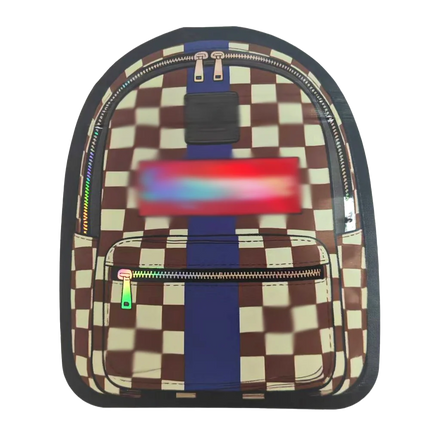 Checkered Mylar Bags backpack with colorful accents on a white background