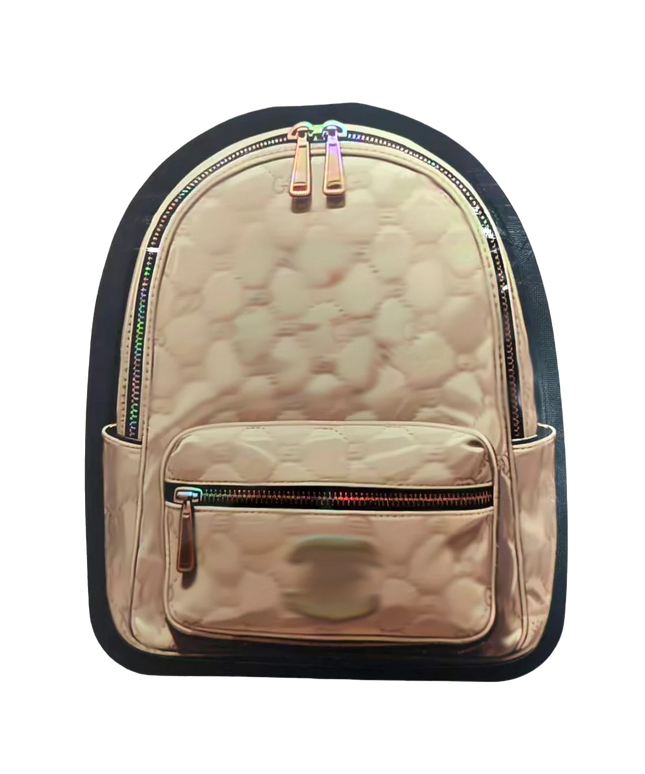 Mylar Bag Beige backpack with black trim on a white background