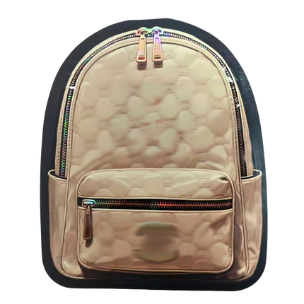 Mylar Bag Beige backpack with black trim on a white background