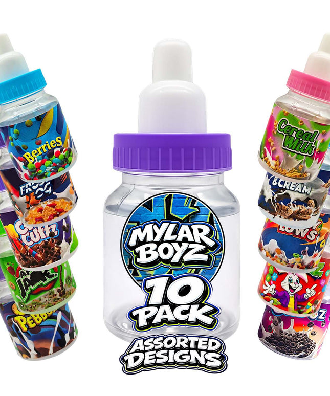 10 Pack 3.5g Baby Bottle Style Plastic Mystery Retail Packaging Pouches - Assorted Designs