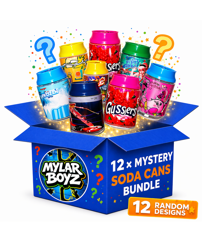 12 Pack 3.5g Soda Can Style Plastic Mystery Retail Packaging Pouches - Assorted Designs