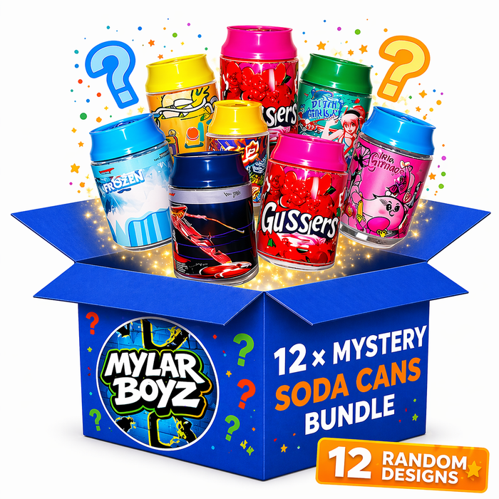 12 Pack 3.5g Soda Can Style Plastic Mystery Retail Packaging Pouches - Assorted Designs