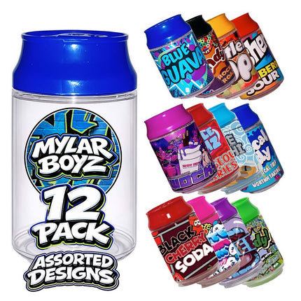 12 Pack 3.5g Soda Can Style Plastic Mystery Retail Packaging Pouches - Assorted Designs