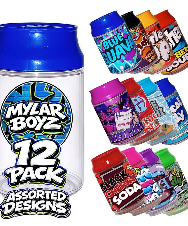 12 Pack 3.5g Soda Can Style Plastic Mystery Retail Packaging Pouches - Assorted Designs