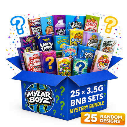 25 Pack 3.5g Mylar Bags and Matching Boxes Mystery Retail Packaging Pouches - Assorted Designs