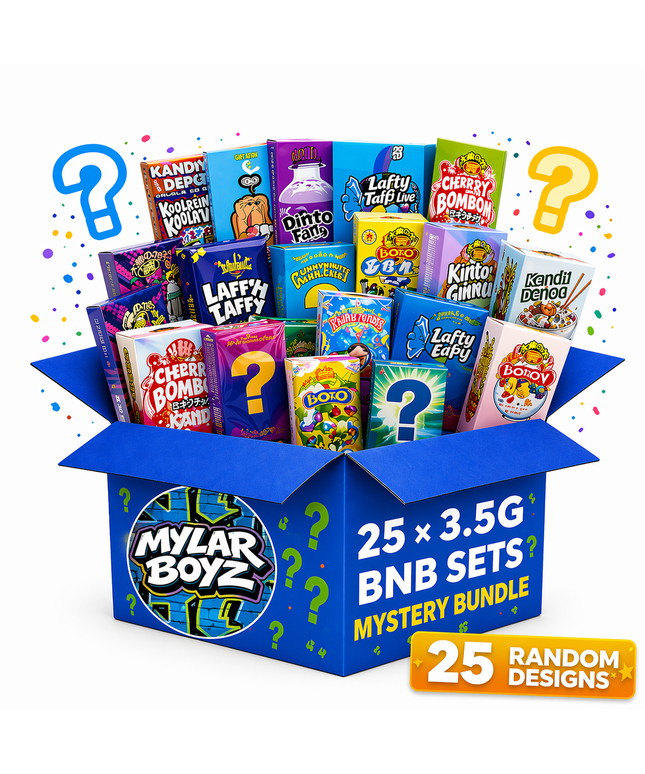 25 Pack 3.5g Mylar Bags and Matching Boxes Mystery Assorted Designs Bundle Smell Proof Resealable Storage