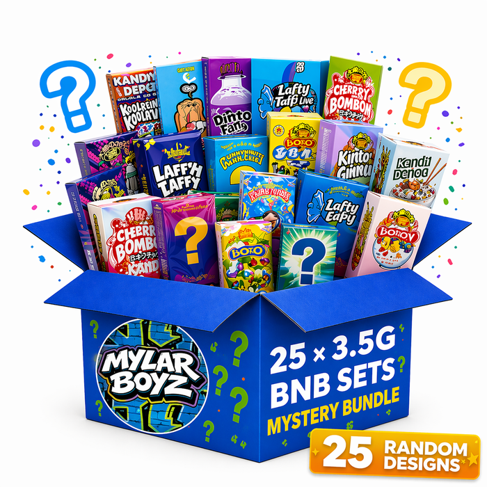 25 Pack 3.5g Mylar Bags and Matching Boxes Mystery Retail Packaging Pouches - Assorted Designs