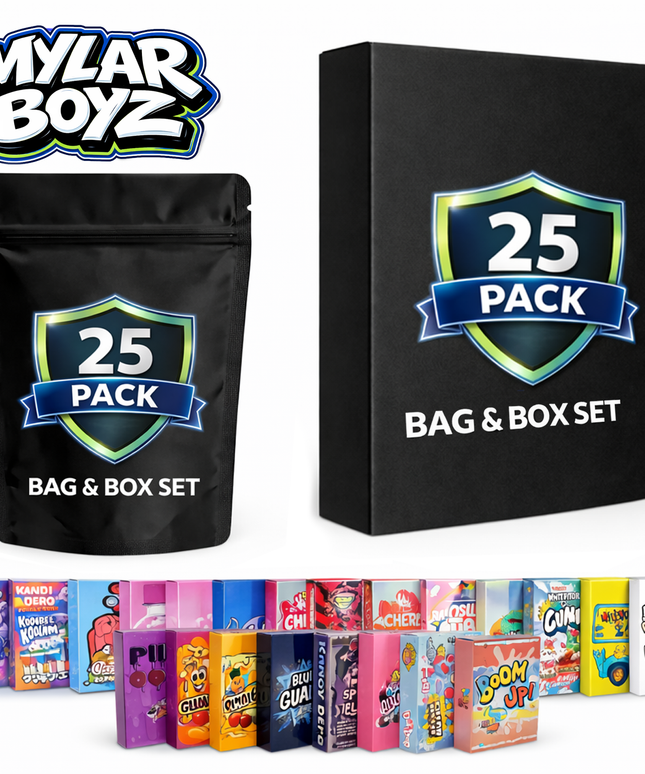 25 Pack 3.5g Mylar Bags and Matching Boxes Mystery Assorted Designs Bundle Smell Proof Resealable Storage