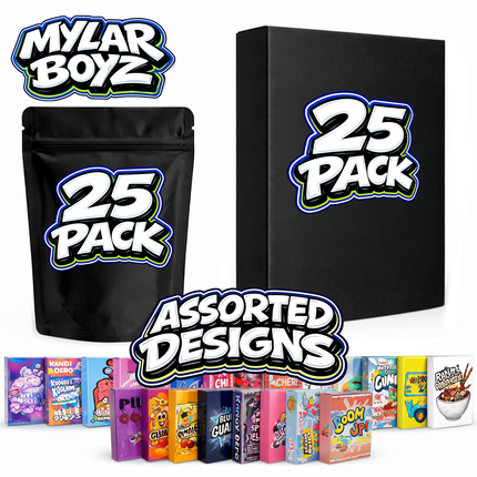 25 Pack 3.5g Mylar Bags and Matching Boxes Mystery Retail Packaging Pouches - Assorted Designs