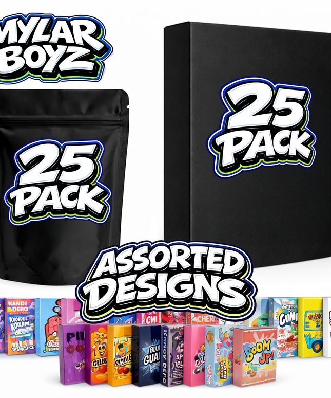 25 Pack 3.5g Mylar Bags and Matching Boxes Mystery Retail Packaging Pouches - Assorted Designs