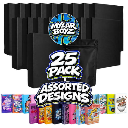 25 Pack 3.5g Mylar Bags and Matching Boxes Mystery Retail Packaging Pouches - Assorted Designs