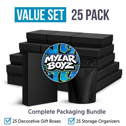 25 Pack 3.5g Mylar Bags and Matching Boxes Mystery Retail Packaging Pouches - Assorted Designs