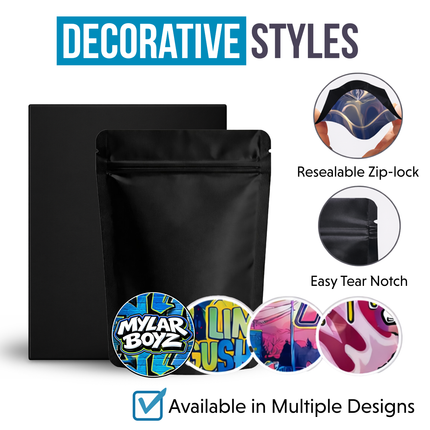 25 Pack 3.5g Mylar Bags and Matching Boxes Mystery Retail Packaging Pouches - Assorted Designs