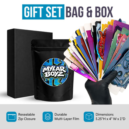 25 Pack 3.5g Mylar Bags and Matching Boxes Mystery Retail Packaging Pouches - Assorted Designs