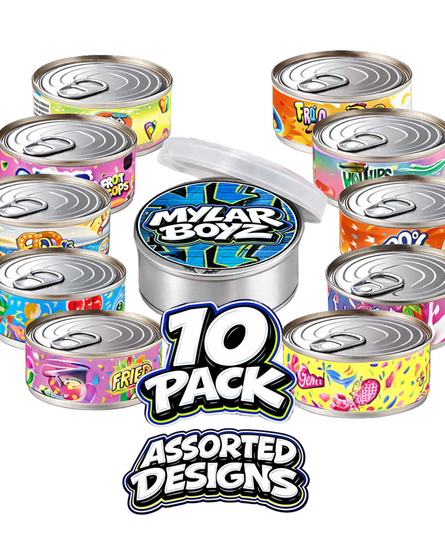 10 Pack 3.5g Pull Top Tin Can Mystery Retail Packaging Pouches  - Random Designs