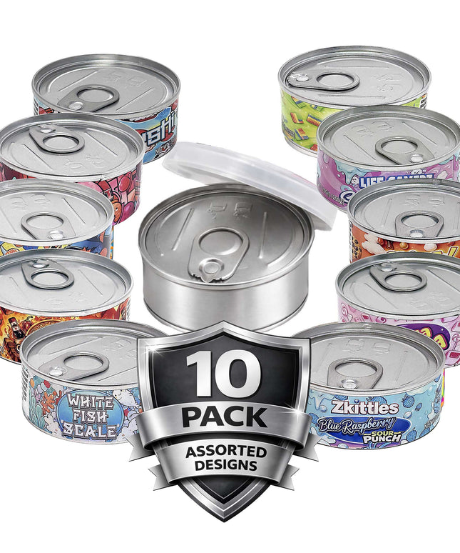 10 Pack 3.5g Pull-Top Tin Can Storage Containers - Exotic Designs