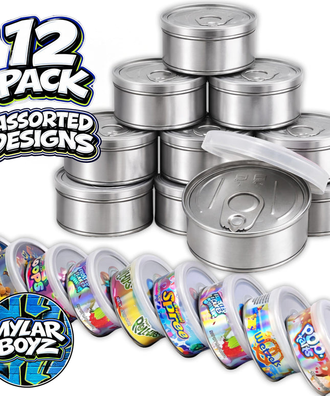 12 Pack – 3.5G Assorted Decorative Pull-Top Tin Can Storage Containers - Random Designs